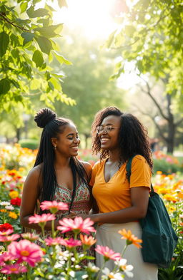 An unexpected friendship blossoming in a vibrant park filled with colorful flowers and lush greenery