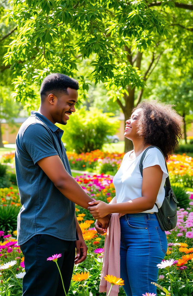 An unexpected friendship blossoming in a vibrant park filled with colorful flowers and lush greenery