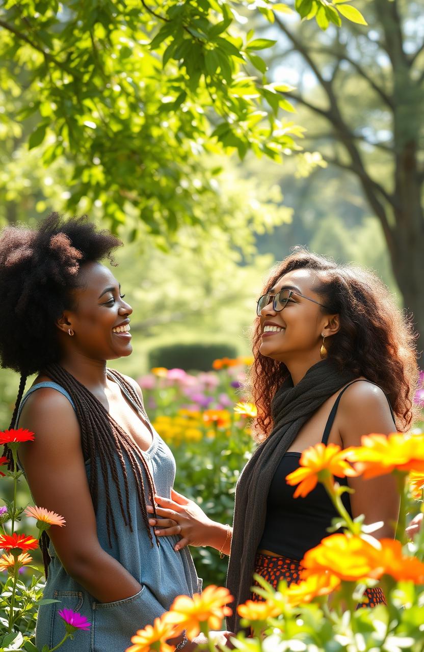 An unexpected friendship blossoming in a vibrant park filled with colorful flowers and lush greenery