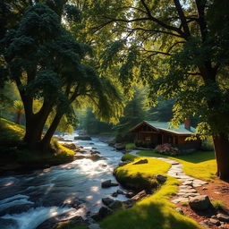 A scenic nature landscape featuring a flowing river, large trees with dark, beautiful leaves, and a quaint small house nestled among them