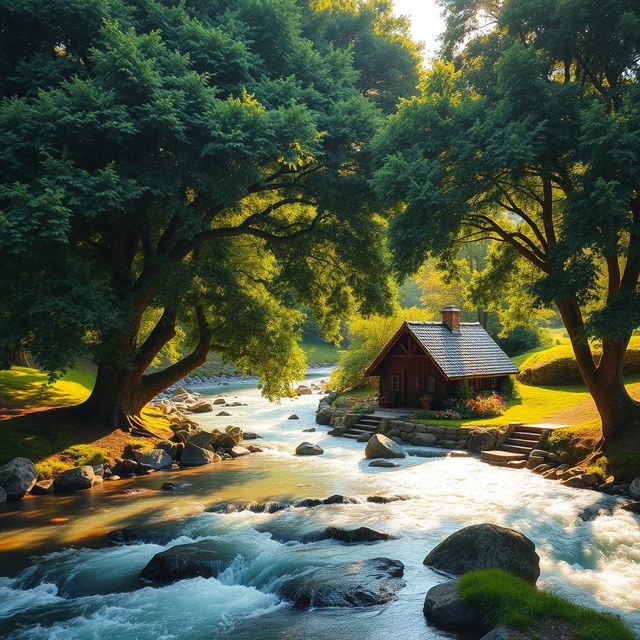 A scenic nature landscape featuring a flowing river, large trees with dark, beautiful leaves, and a quaint small house nestled among them