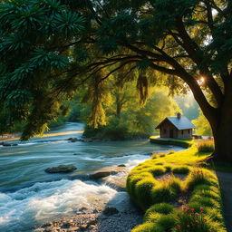 A scenic nature landscape featuring a flowing river, large trees with dark, beautiful leaves, and a quaint small house nestled among them