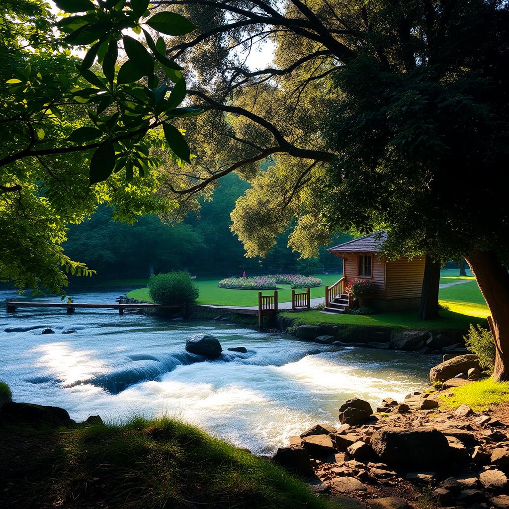 A scenic nature landscape featuring a flowing river, large trees with dark, beautiful leaves, and a quaint small house nestled among them