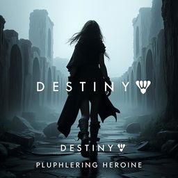 A shadowy female figure walks around ancient, crumbling ruins on a misty, rainy day