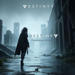 A shadowy female figure walks around ancient, crumbling ruins on a misty, rainy day