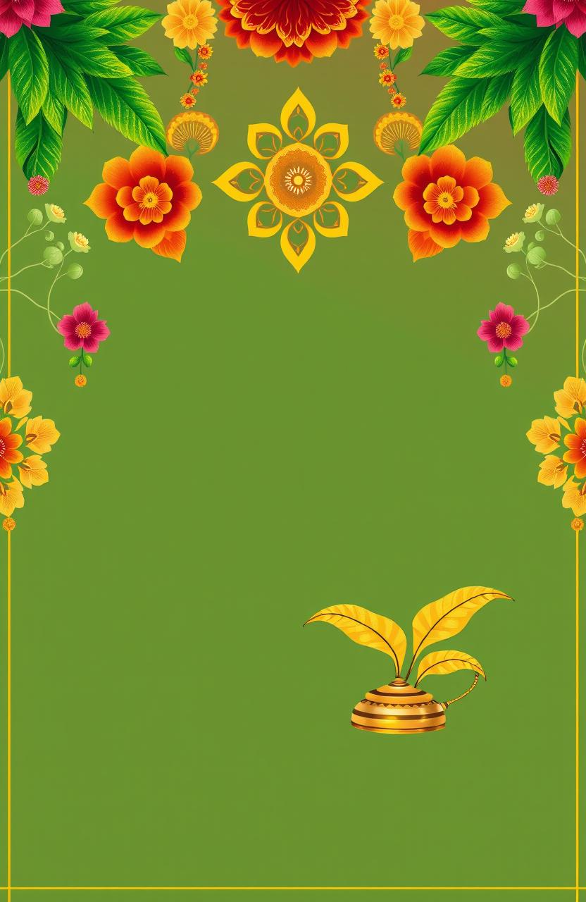 A beautifully designed invitation background for a traditional South Indian 'Gruhapravesam' ceremony, featuring vibrant colors such as rich gold, deep red, and lush green