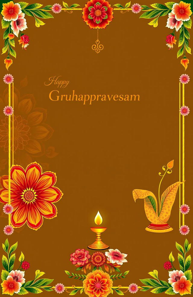 A beautifully designed invitation background for a traditional South Indian 'Gruhapravesam' ceremony, featuring vibrant colors such as rich gold, deep red, and lush green