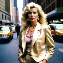 Generate a life-like image of a determined 1980s corporate woman in her late 20s