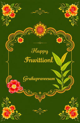 A beautifully designed invitation background for a traditional South Indian 'Gruhapravesam' ceremony, featuring vibrant colors such as rich gold, deep red, and lush green