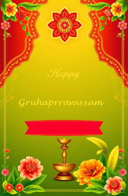 A beautifully designed invitation background for a traditional South Indian 'Gruhapravesam' ceremony, featuring vibrant colors such as rich gold, deep red, and lush green