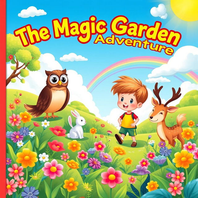 A colorful storybook cover illustration for a children's story titled 'The Magic Garden Adventure'