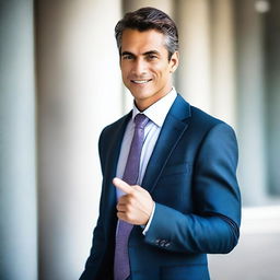 Create a high-resolution, digital photograph of a determined and engaging businessman in a tailored suit pointing directly at the viewer, as if selecting them