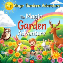A colorful storybook cover illustration for a children's story titled 'The Magic Garden Adventure'