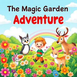 A colorful storybook cover illustration for a children's story titled 'The Magic Garden Adventure'