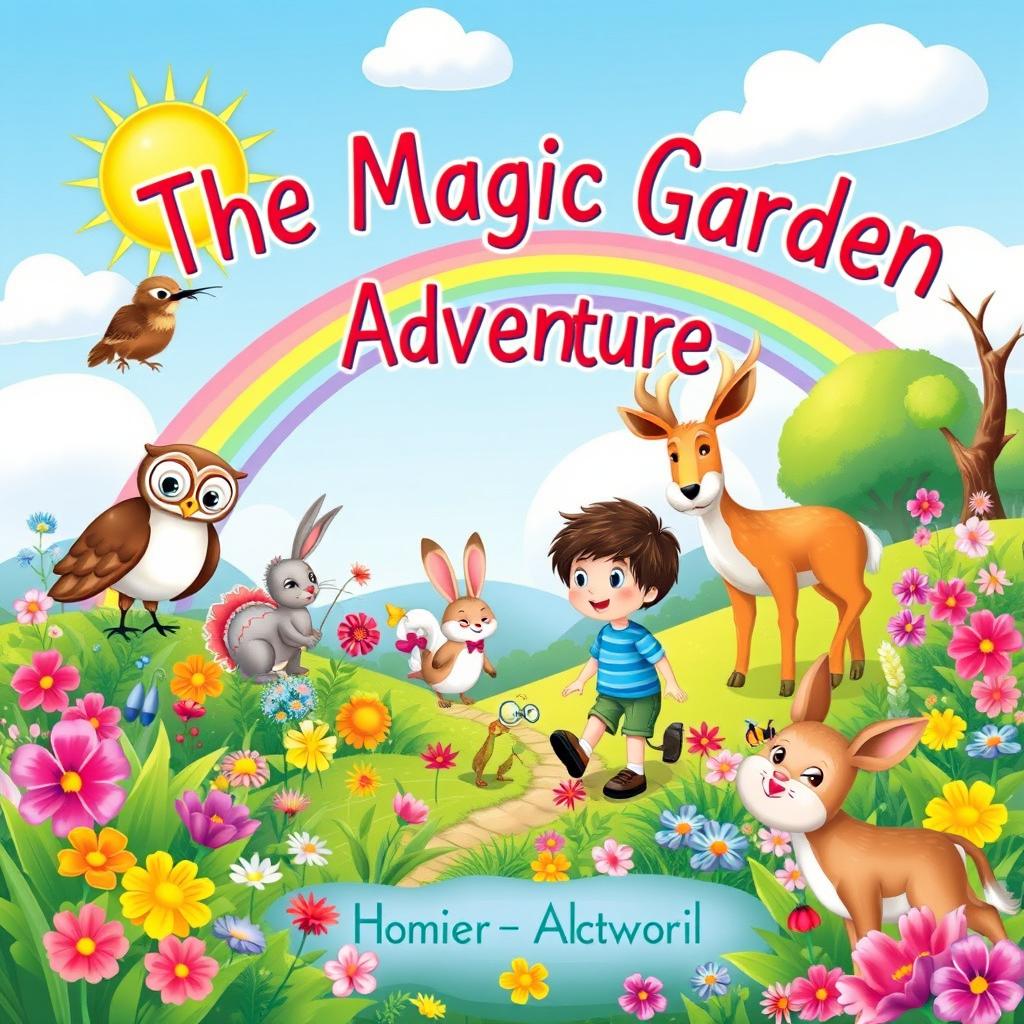 A colorful storybook cover illustration for a children's story titled 'The Magic Garden Adventure'