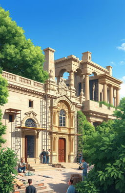 A detailed illustration highlighting the restoration and conservation process of an architectural site