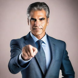 Create a high-resolution, digital photograph of a determined and engaging businessman in a tailored suit pointing directly at the viewer, as if selecting them