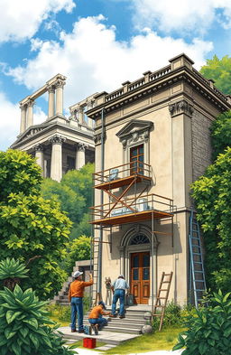 A detailed illustration highlighting the restoration and conservation process of an architectural site