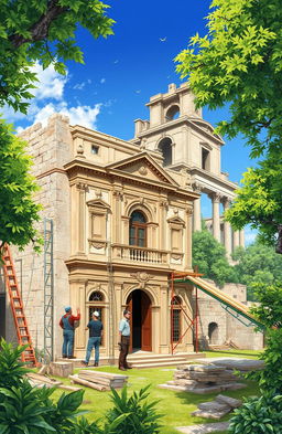 A detailed illustration highlighting the restoration and conservation process of an architectural site