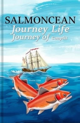 The cover of a book titled 'Salmoncean Journey of Life', featuring a dynamic design that embodies the essence of a salmon's journey