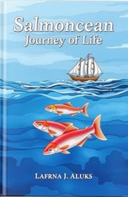The cover of a book titled 'Salmoncean Journey of Life', featuring a dynamic design that embodies the essence of a salmon's journey
