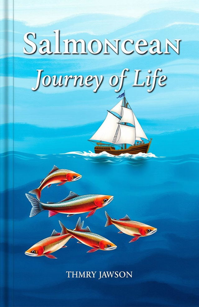 The cover of a book titled 'Salmoncean Journey of Life', featuring a dynamic design that embodies the essence of a salmon's journey