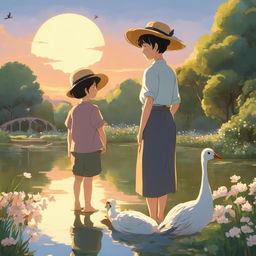 Studio Ghibli style animation of a child in a sunhat holding their father's hand, watching peacocks, ducks, ducklings, and swans in a lush garden by a large pond