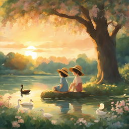 Studio Ghibli style animation of a child in a sunhat holding their father's hand, watching peacocks, ducks, ducklings, and swans in a lush garden by a large pond