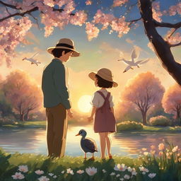 Studio Ghibli style animation of a child in a sunhat holding their father's hand, watching peacocks, ducks, ducklings, and swans in a lush garden by a large pond