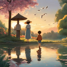 Studio Ghibli style animation of a child in a sunhat holding their father's hand, watching peacocks, ducks, ducklings, and swans in a lush garden by a large pond