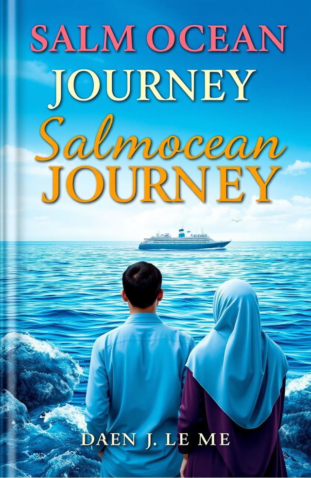 A captivating book cover for 'Salmocean Journey: Life', featuring vibrant elements of salmon with aesthetic blue tones symbolizing the sea