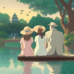 Studio Ghibli style animation showcasing a back view of a small girl in a sunhat and dress, sitting on an ornate park bench with her father