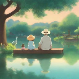 Studio Ghibli style animation showcasing a back view of a small girl in a sunhat and dress, sitting on an ornate park bench with her father