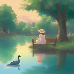 Studio Ghibli style animation showcasing a back view of a small girl in a sunhat and dress, sitting on an ornate park bench with her father