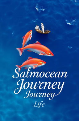 A visually stunning book cover for 'Salmocean Journey: Life', featuring vibrant salmon fish gracefully swimming through the ocean