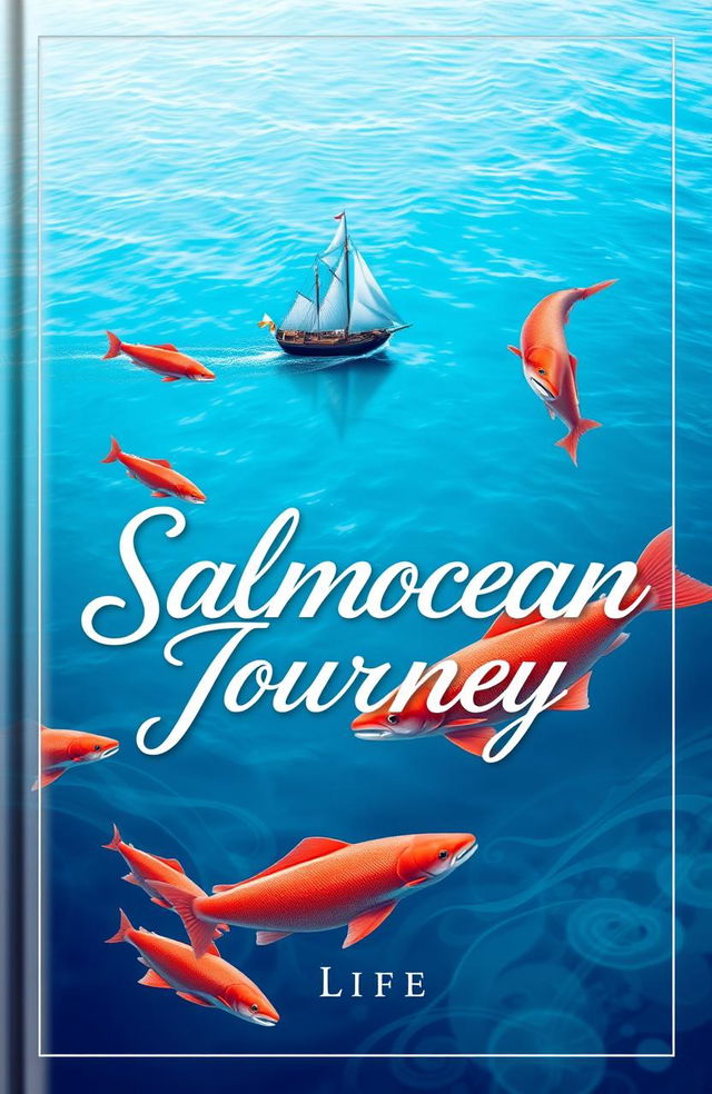 A visually stunning book cover for 'Salmocean Journey: Life', featuring vibrant salmon fish gracefully swimming through the ocean