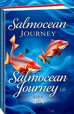 A visually stunning book cover for 'Salmocean Journey: Life', featuring vibrant salmon fish gracefully swimming through the ocean