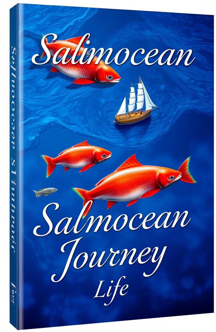 A visually stunning book cover for 'Salmocean Journey: Life', featuring vibrant salmon fish gracefully swimming through the ocean