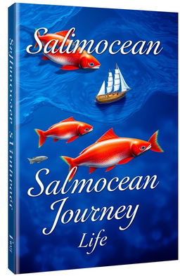 A visually stunning book cover for 'Salmocean Journey: Life', featuring vibrant salmon fish gracefully swimming through the ocean