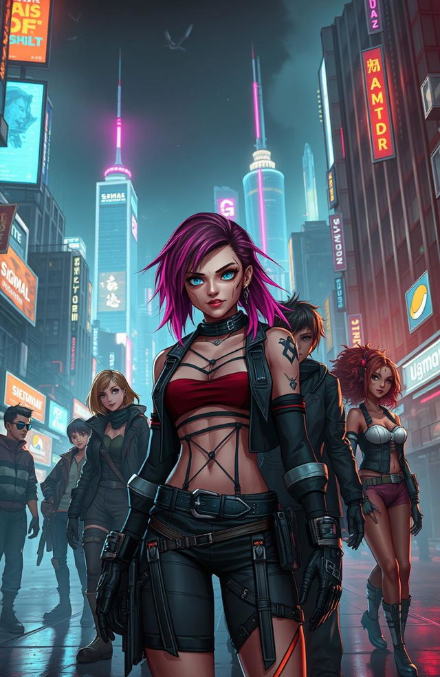 A futuristic scene set in a divided megacity, showcasing the stark contrast between the neon-lit Upper City and the shadowy underworld of Dunkelstadt