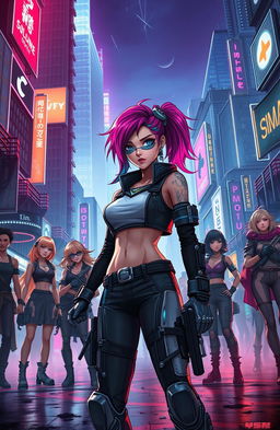 A futuristic scene set in a divided megacity, showcasing the stark contrast between the neon-lit Upper City and the shadowy underworld of Dunkelstadt