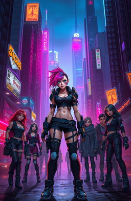 A futuristic scene set in a divided megacity, showcasing the stark contrast between the neon-lit Upper City and the shadowy underworld of Dunkelstadt