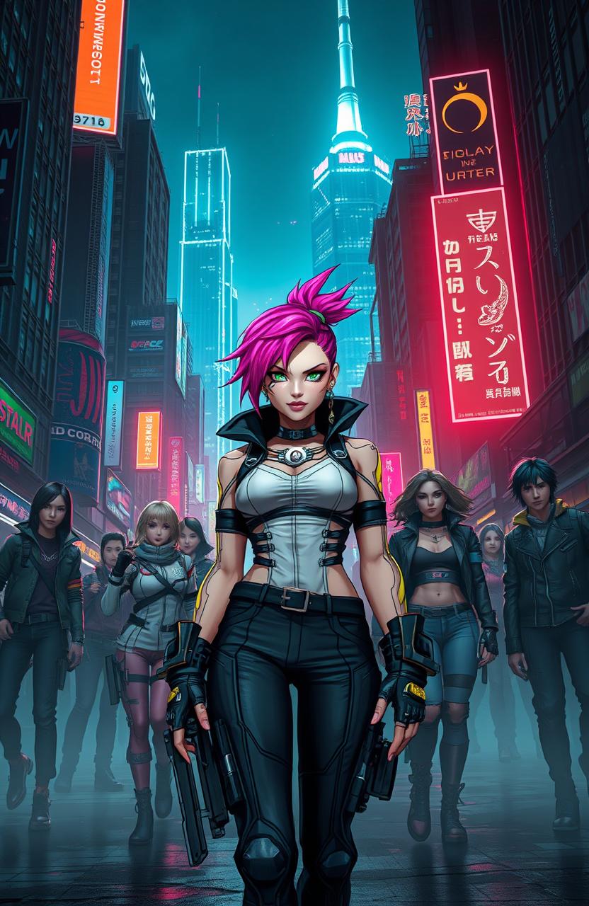 A futuristic scene set in a divided megacity, showcasing the stark contrast between the neon-lit Upper City and the shadowy underworld of Dunkelstadt