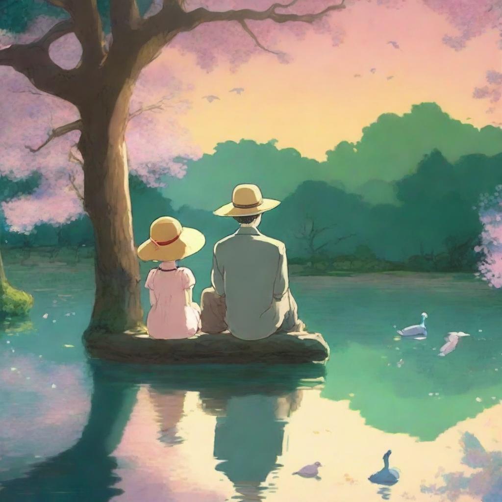 Studio Ghibli style animation showcasing a back view of a small girl in a sunhat and dress, sitting on an ornate park bench with her father