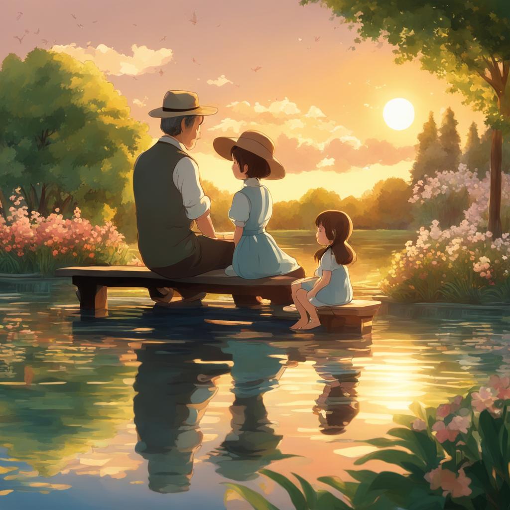 Studio Ghibli style animation of a small girl in a sunhat and dress sitting with her father on an ornate park bench