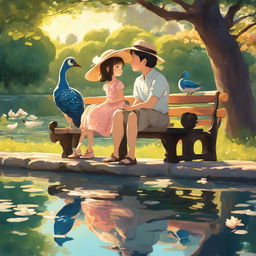 Studio Ghibli style animation of a small girl in a sunhat and dress sitting with her father on an ornate park bench