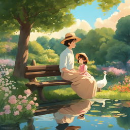 Studio Ghibli style animation of a small girl in a sunhat and dress sitting with her father on an ornate park bench