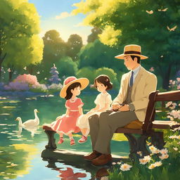 Studio Ghibli style animation of a small girl in a sunhat and dress sitting with her father on an ornate park bench