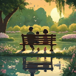 Studio Ghibli style animation of a small girl and her father sitting on an ornate park bench admiring a large pond filled with ducks, ducklings, swans in a lush botanical garden at sunset