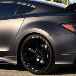 A car with glossy black wheels and matte black bodywork, showcasing a sleek and modern design